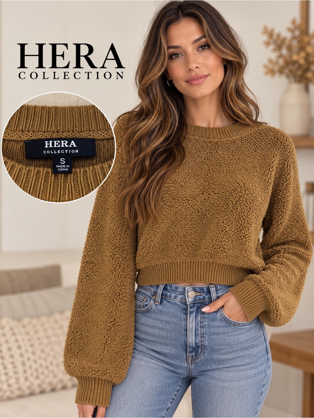 Hera Collection Cropped Teddy Sweater - Camel